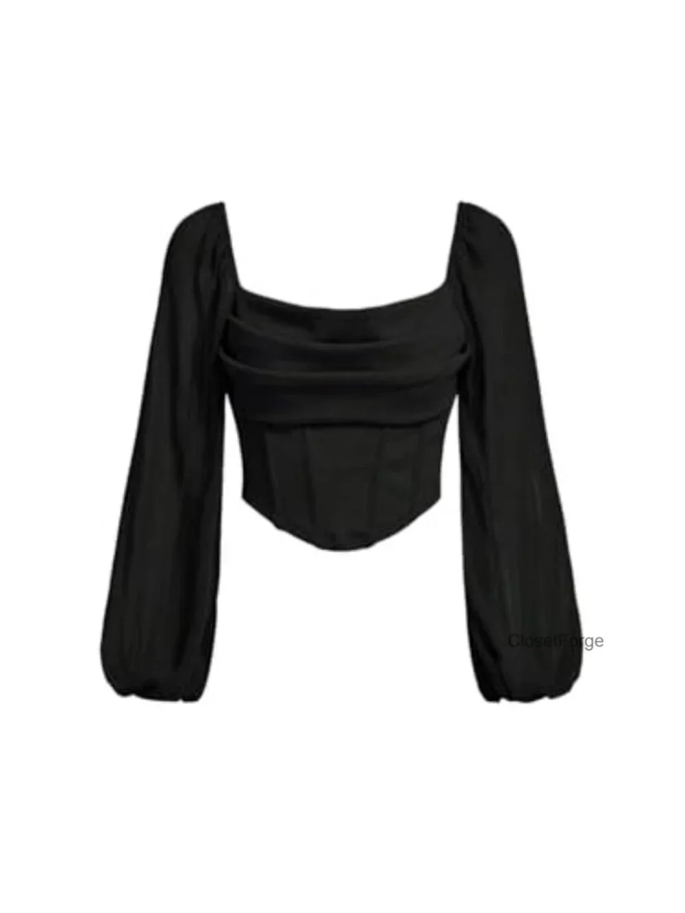 Women's Square Neck Mesh Long Sleeve Corset Crop Top Ruched Vintage Blouse